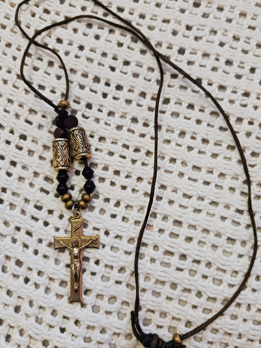 Gold-tone Crucifix Pendant Necklace with Black Beads